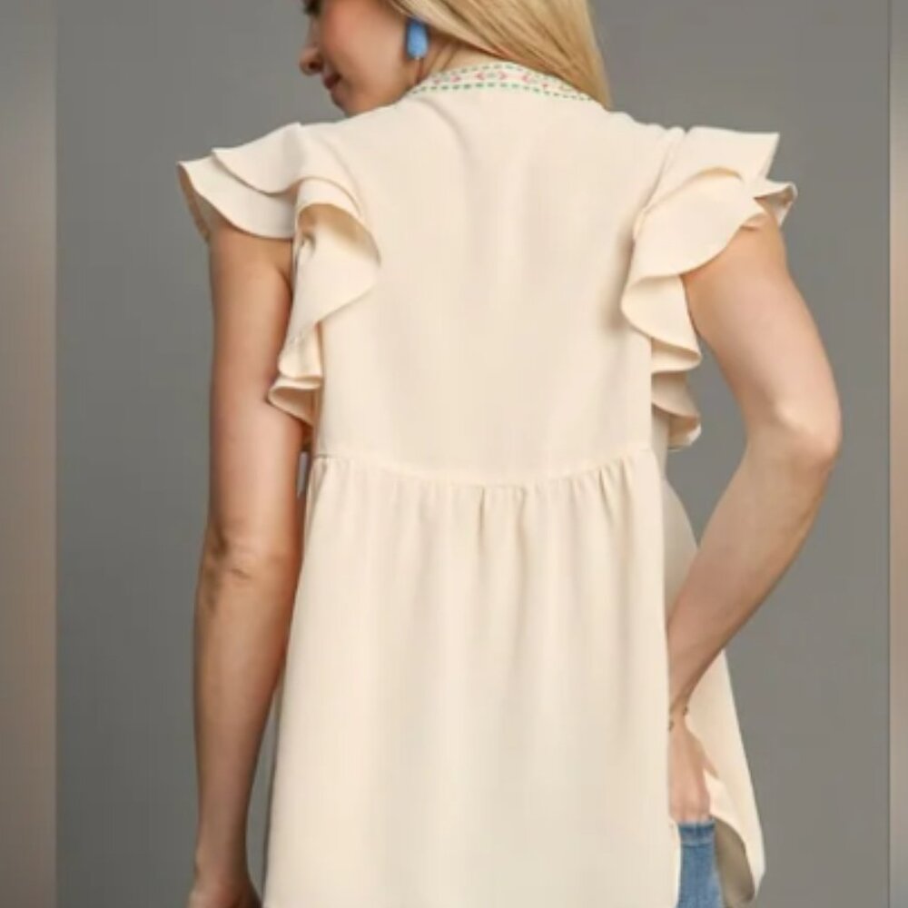 Umgee Embroidery Notched Double Ruffle Sleeve Blouse - Picture 2 of 11